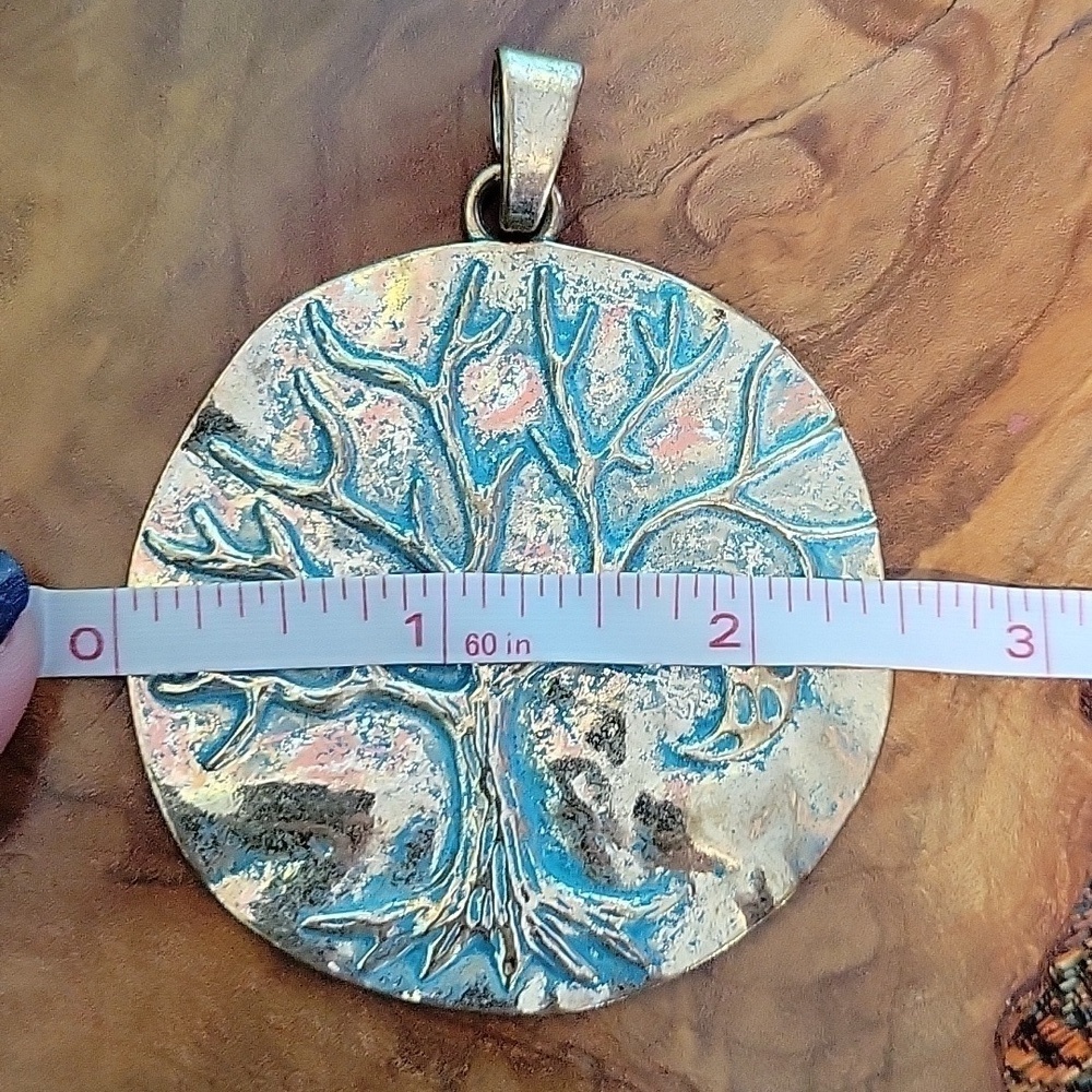Pale Golden & Teal Colored Tree Of Life And Moon Bigger Pendant - Picture 6 of 7
